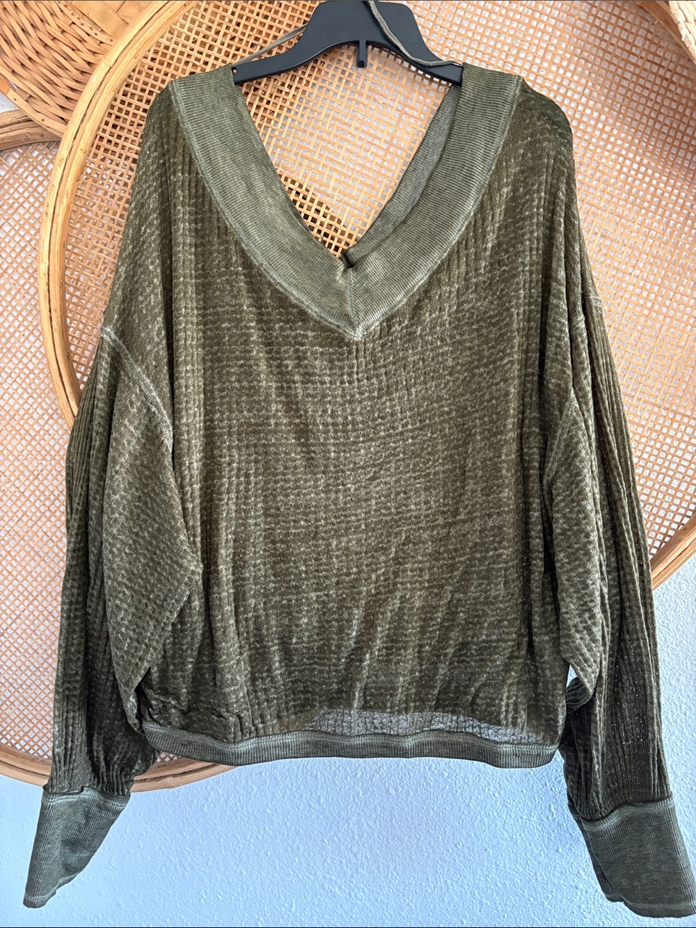 Free People We The Free Oversized Waffle Knit Semi Sheer V-Neck Pullover